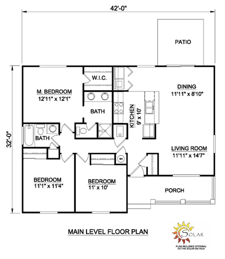 Ranch House Plan 94435 with 3 Beds, 2 Baths First Level Plan