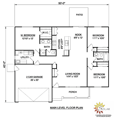 Ranch House Plan 94437 with 3 Beds, 2 Baths, 2 Car Garage First Level Plan