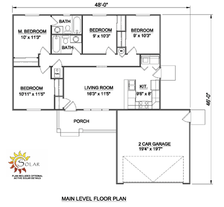 House Plan 94438 - Ranch Style with 1040 Sq Ft, 4 Bed, 2 Bath