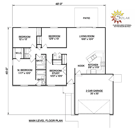 Ranch House Plan 94439 with 4 Beds, 2 Baths, 2 Car Garage First Level Plan