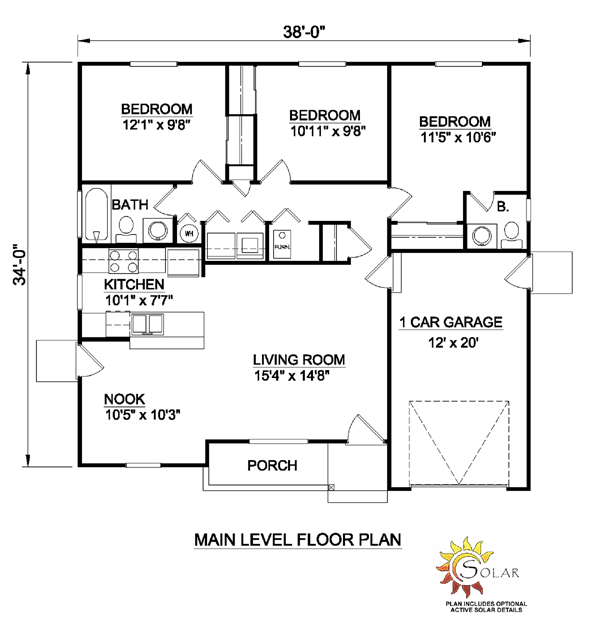 Ranch House Plan 94440 with 3 Beds, 2 Baths, 1 Car Garage Level One