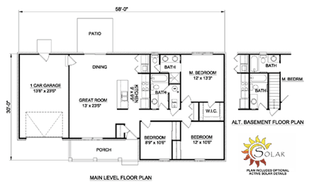 Ranch House Plan 94442 with 3 Beds, 2 Baths, 1 Car Garage First Level Plan