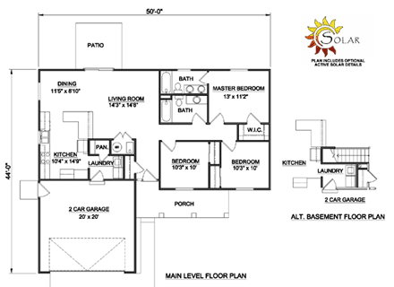 Ranch House Plan 94444 with 3 Beds, 2 Baths, 2 Car Garage First Level Plan