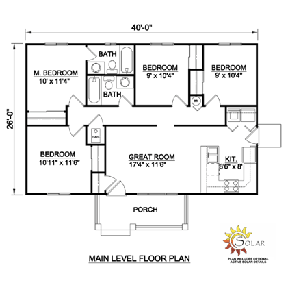 Ranch House Plan 94451 with 4 Beds, 2 Baths First Level Plan