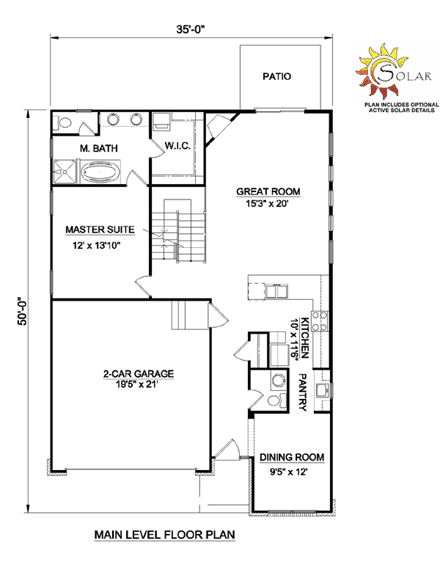 Craftsman, Narrow Lot, One-Story House Plan 94453 with 3 Beds, 3 Baths, 2 Car Garage First Level Plan
