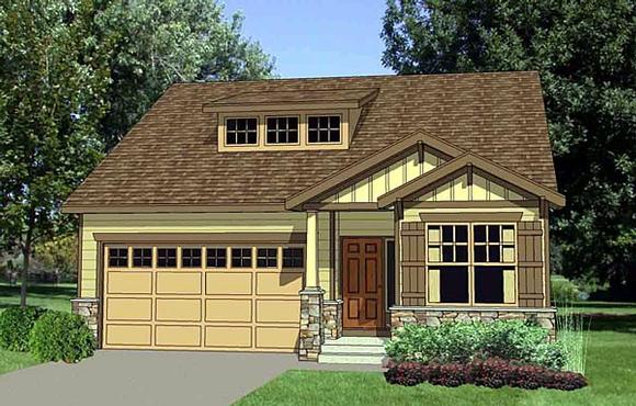 Craftsman, Narrow Lot, One-Story House Plan 94453 with 3 Beds, 3 Baths, 2 Car Garage Elevation