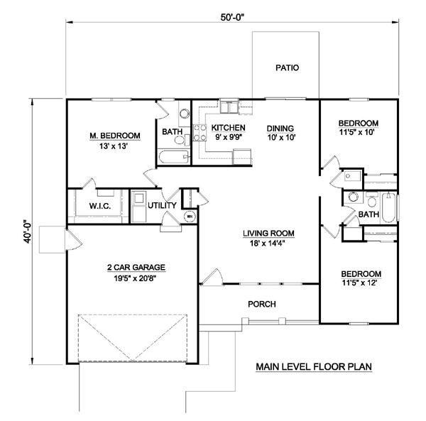 Ranch House Plan 94461 with 3 Beds, 2 Baths, 2 Car Garage Level One