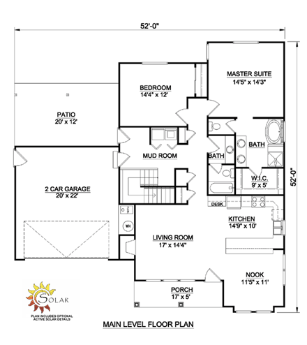One-Story, Ranch House Plan 94462 with 2 Beds, 2 Baths, 2 Car Garage First Level Plan