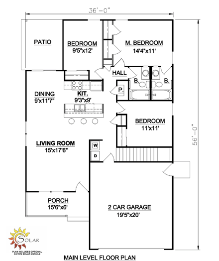 Narrow Lot, One-Story, Southwest House Plan 94473 with 3 Beds, 2 Baths, 2 Car Garage First Level Plan