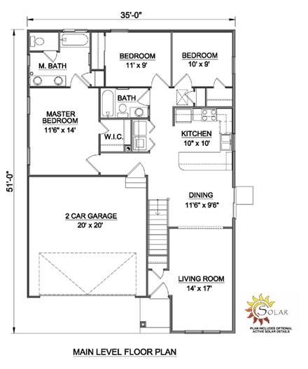 Narrow Lot, One-Story, Southwest House Plan 94476 with 3 Beds, 2 Baths, 2 Car Garage First Level Plan