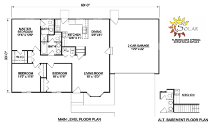 Ranch House Plan 94486 with 3 Beds, 2 Baths, 2 Car Garage First Level Plan