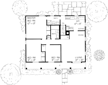 Colonial, One-Story, Ranch, Retro House Plan 95000 with 3 Beds, 2 Baths First Level Plan