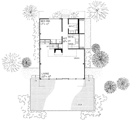 A-Frame, Contemporary, One-Story House Plan 95002 with 2 Beds, 1 Baths First Level Plan
