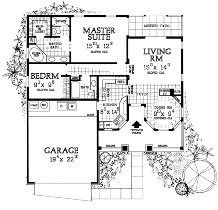 One-Story, Ranch House Plan 95072 with 2 Beds, 2 Baths, 2 Car Garage First Level Plan