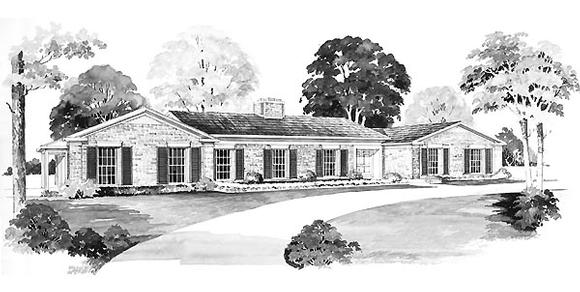 One-Story, Ranch House Plan 95102 with 4 Beds, 3 Baths, 2 Car Garage Elevation