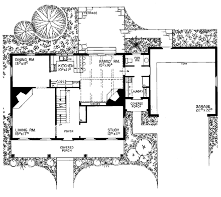 Colonial House Plan 95131 with 4 Beds, 3 Baths, 2 Car Garage First Level Plan