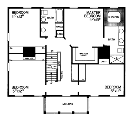 Colonial House Plan 95142 with 4 Beds, 3 Baths, 2 Car Garage Second Level Plan