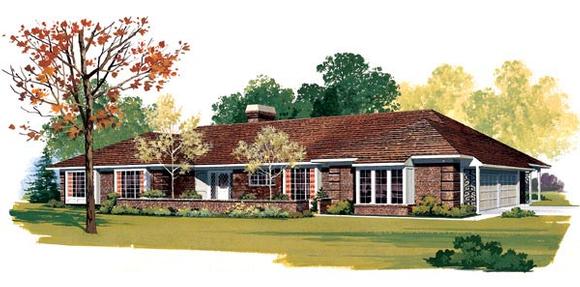 Ranch, Retro, Traditional House Plan 95153 with 4 Beds, 3 Baths, 3 Car Garage Elevation