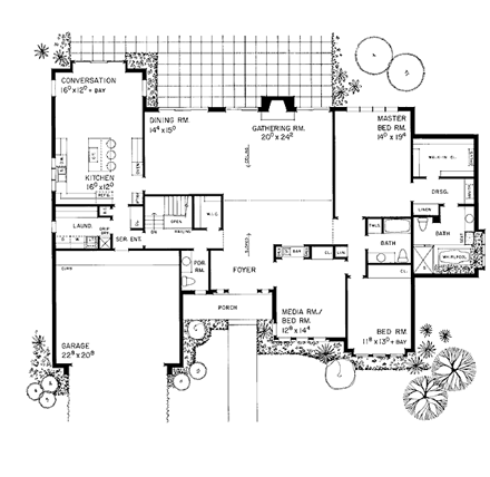 Contemporary, Prairie, Ranch, Retro House Plan 95188 with 3 Beds, 3 Baths, 2 Car Garage First Level Plan