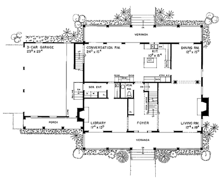 Colonial, Southern House Plan 95232 with 4 Beds, 4 Baths, 3 Car Garage First Level Plan