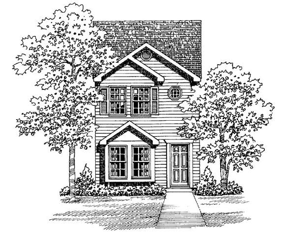 Narrow Lot, Traditional House Plan 95264 with 2 Beds, 1 Baths, 1 Car Garage Elevation