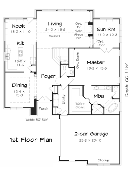 Traditional House Plan 95314 with 4 Beds, 3 Baths, 2 Car Garage First Level Plan