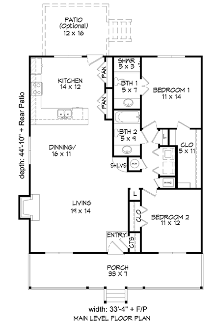 Cottage, Farmhouse House Plan 95348 with 2 Beds, 2 Baths First Level Plan
