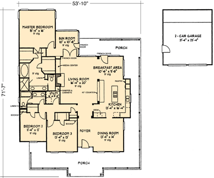 Country, Farmhouse House Plan 95514 with 3 Beds, 2 Baths, 2 Car Garage First Level Plan
