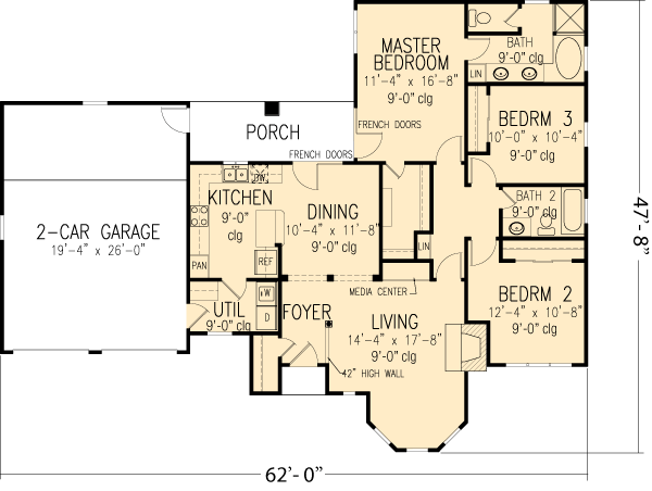 House Plan 95526 - One-Story Style with 1406 Sq Ft, 3 Bed, 2 Bath