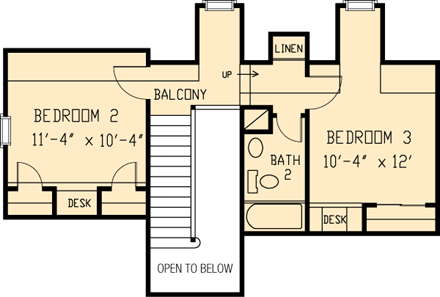European House Plan 95566 with 3 Beds, 3 Baths, 2 Car Garage Second Level Plan