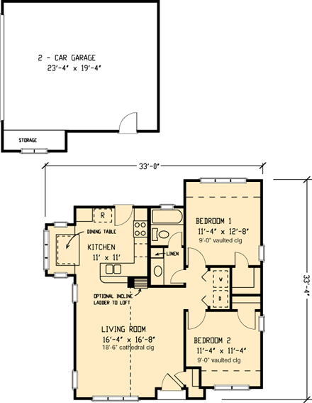Cottage, European, Narrow Lot House Plan 95584 with 2 Beds, 1 Baths, 2 Car Garage First Level Plan