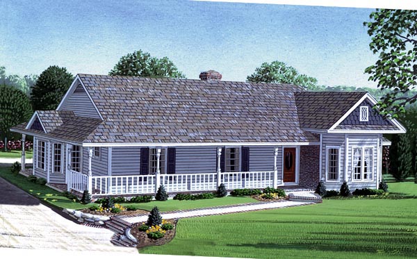 Country, Farmhouse, One-Story, Victorian Plan with 1772 Sq. Ft., 3 Bedrooms, 2 Bathrooms, 2 Car Garage Elevation