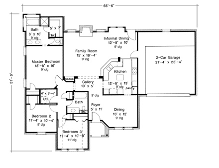 European, One-Story House Plan 95629 with 3 Beds, 2 Baths, 2 Car Garage First Level Plan