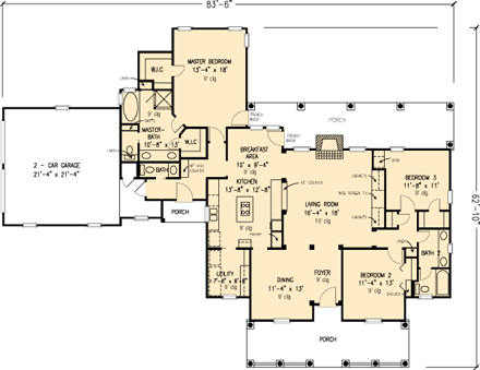 Country, Southern House Plan 95637 with 3 Beds, 3 Baths, 2 Car Garage First Level Plan