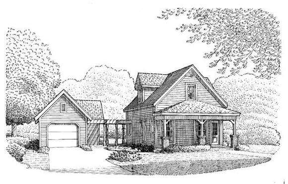 Country, Narrow Lot House Plan 95642 with 2 Beds, 2 Baths, 1 Car Garage Elevation