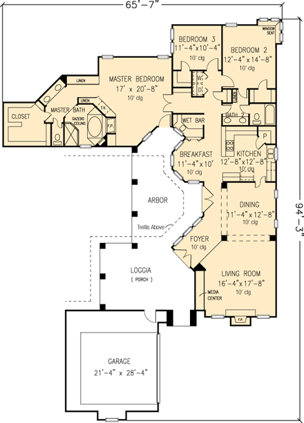 Florida, Mediterranean House Plan 95652 with 3 Beds, 2 Baths, 2 Car Garage First Level Plan