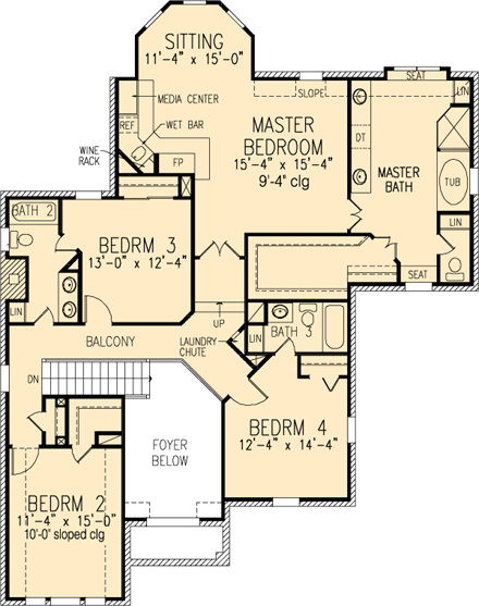 European House Plan 95689 with 4 Beds, 4 Baths, 1 Car Garage Second Level Plan