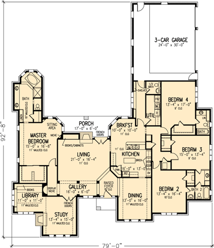 European House Plan 95690 with 4 Beds, 4 Baths, 3 Car Garage First Level Plan