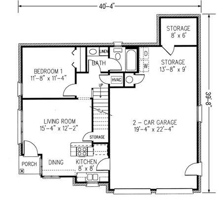 European House Plan 95730 with 3 Beds, 2 Baths, 2 Car Garage First Level Plan