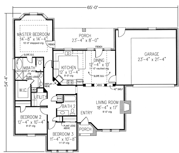 European House Plan 95739 with 3 Beds, 2 Baths, 2 Car Garage Level One