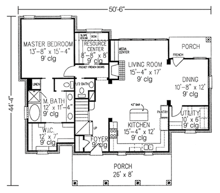 European House Plan 95741 with 3 Beds, 4 Baths, 2 Car Garage First Level Plan