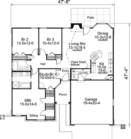 Cottage, Country, Craftsman, Ranch House Plan 95800 with 4 Beds, 2 Baths, 2 Car Garage First Level Plan
