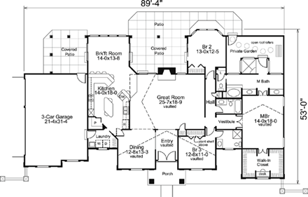 Ranch, Southern, Traditional House Plan 95809 with 3 Beds, 3 Baths, 3 Car Garage First Level Plan