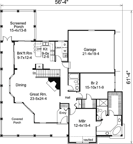 Bungalow, Cabin, Cottage, Country, Ranch, Traditional House Plan 95810 with 2 Beds, 2 Baths, 2 Car Garage First Level Plan