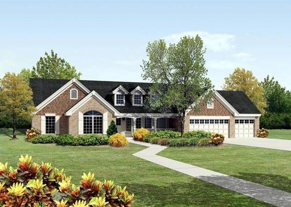 Cape Cod, Country, Ranch, Traditional House Plan 95812 with 4 Beds, 3 Baths, 3 Car Garage Elevation