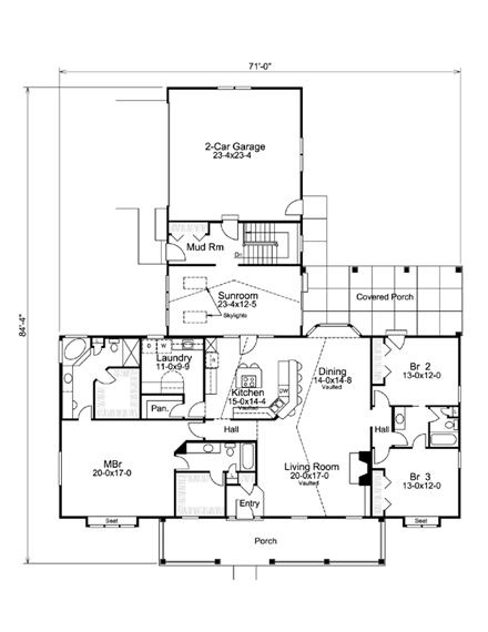 Country, Ranch House Plan 95842 with 3 Beds, 3 Baths, 2 Car Garage First Level Plan