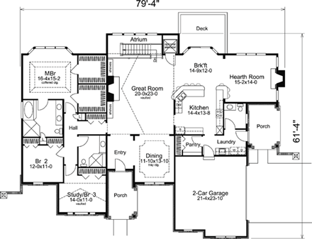 Ranch, Tudor House Plan 95845 with 3 Beds, 3 Baths, 2 Car Garage First Level Plan