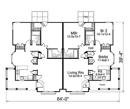 Country, Ranch Multi-Family Plan 95864 with 4 Beds, 4 Baths First Level Plan
