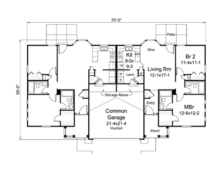 Colonial, Ranch Multi-Family Plan 95881 with 4 Beds, 4 Baths, 2 Car Garage First Level Plan