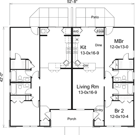 Ranch Multi-Family Plan 95884 with 4 Beds, 4 Baths First Level Plan